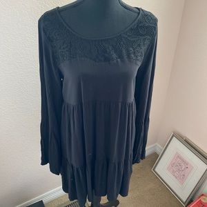 Full Tilt Black Long Sleeve Dress with Lace Inset and Flowy Sleeves